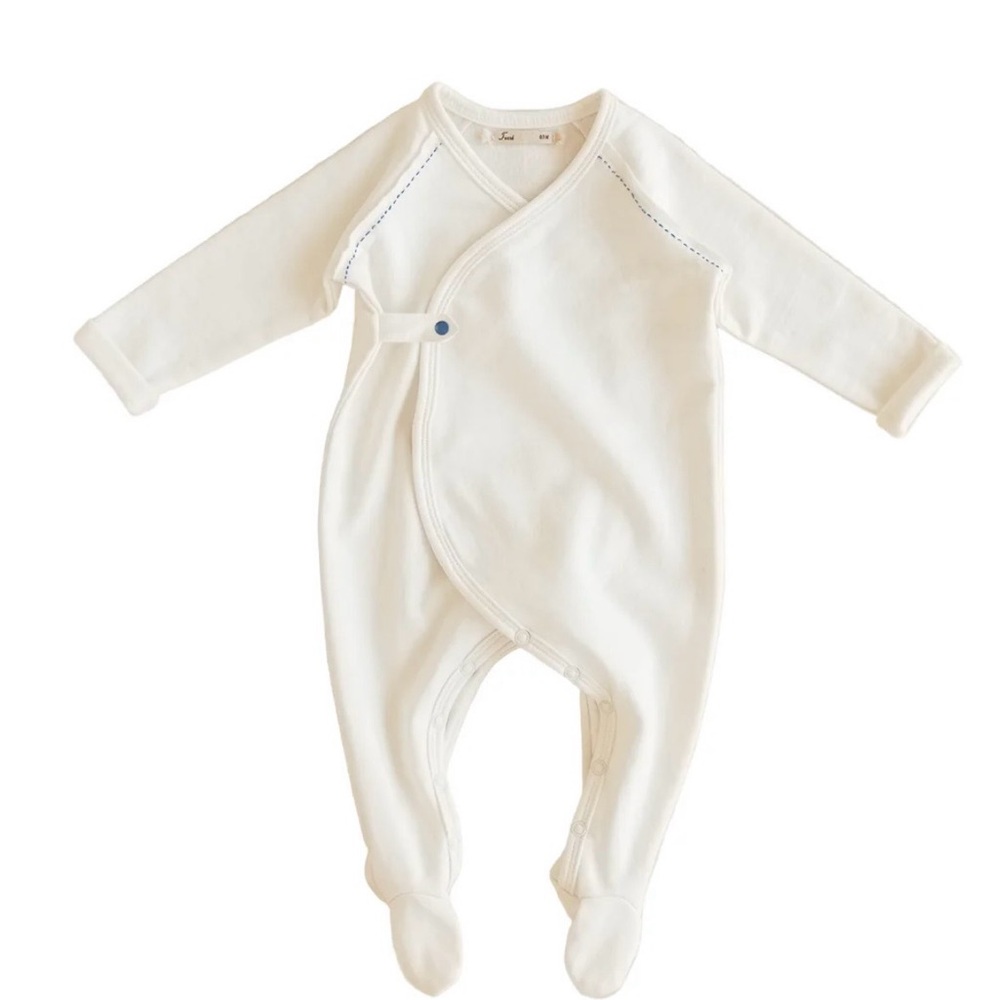 Ferne Flap Footie - Milk with blue stitching